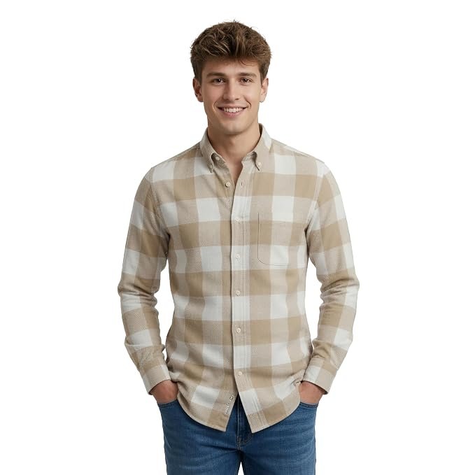 LSD Men's Cotton Checked Full Sleeve Shirt - Casual Shirt for Men, Button-Down Collar Regular Fit, Office Formal