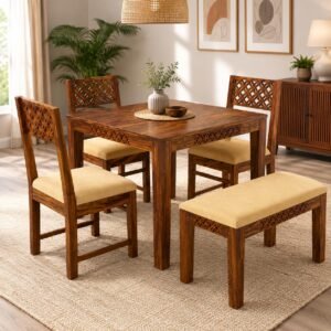 Solid Sheesham Wood Dining Table Set 4 Seater | Four Seater Dining Table 4 Seater with 3 Chairs & 1 Bench for Living Room | 4 Seater Dining Set for Hotel and Restaurant | Honey